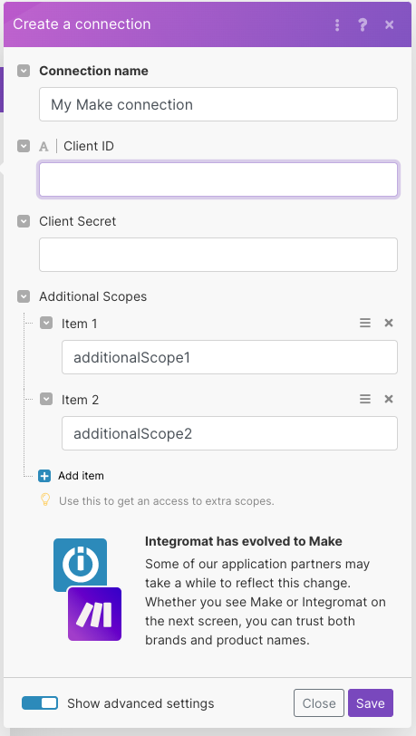 Example of a connection with additional scopes
