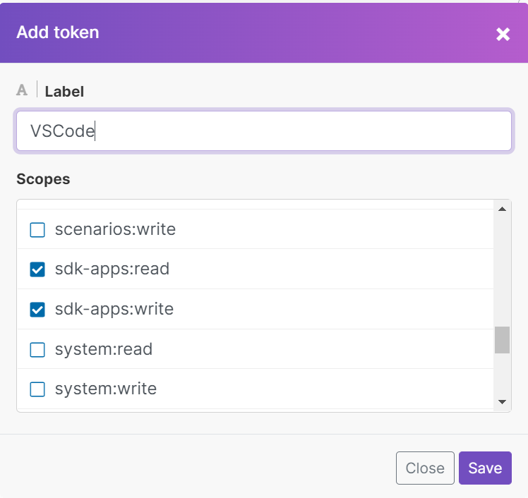 Selecting scopes for API token