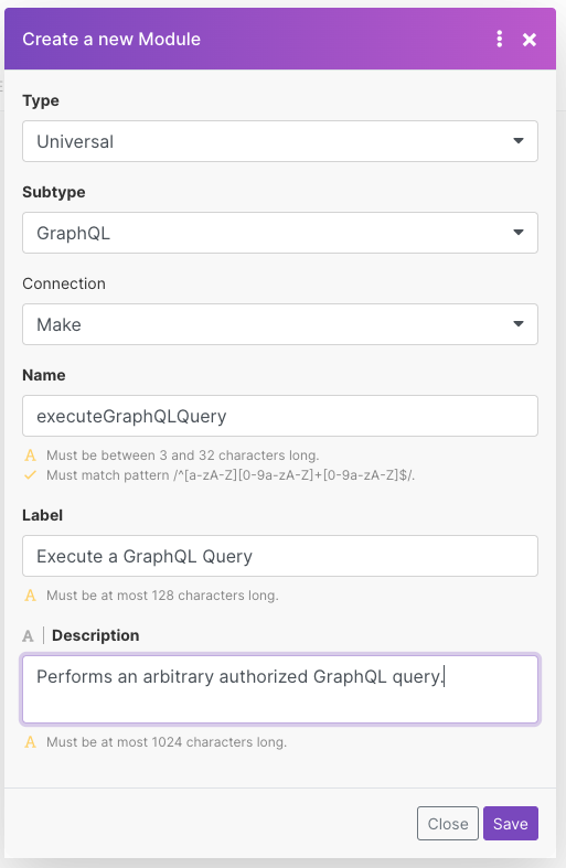 Example of creation of a new Graph QL module for Make app
