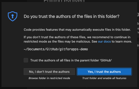 Dialog window requesting the confirmation of trusting the authors of the code