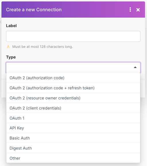 Create a new Connection panel